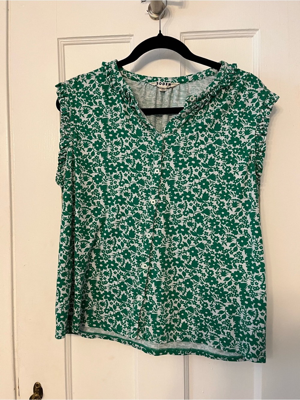 Boden Green White Floral Ruffle Sleeveless Button-Front Top 8